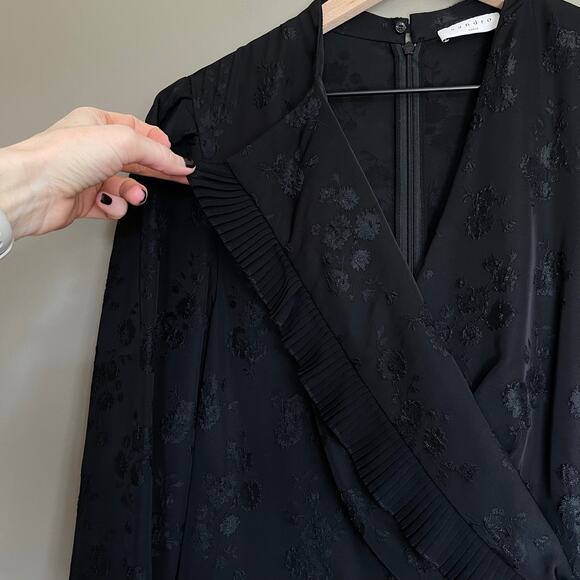 Sandro Wells Dress Black Jacquard Size 8 Long Sleeve Wrap Pleated Chic French - Picture 10 of 16